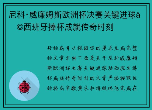 尼科·威廉姆斯欧洲杯决赛关键进球助西班牙捧杯成就传奇时刻