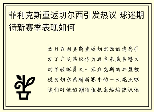 菲利克斯重返切尔西引发热议 球迷期待新赛季表现如何