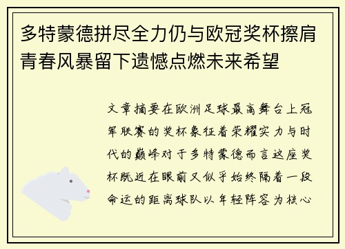 多特蒙德拼尽全力仍与欧冠奖杯擦肩青春风暴留下遗憾点燃未来希望